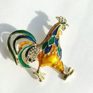 Yellow gold Enamel crystal Rooster brooch pin